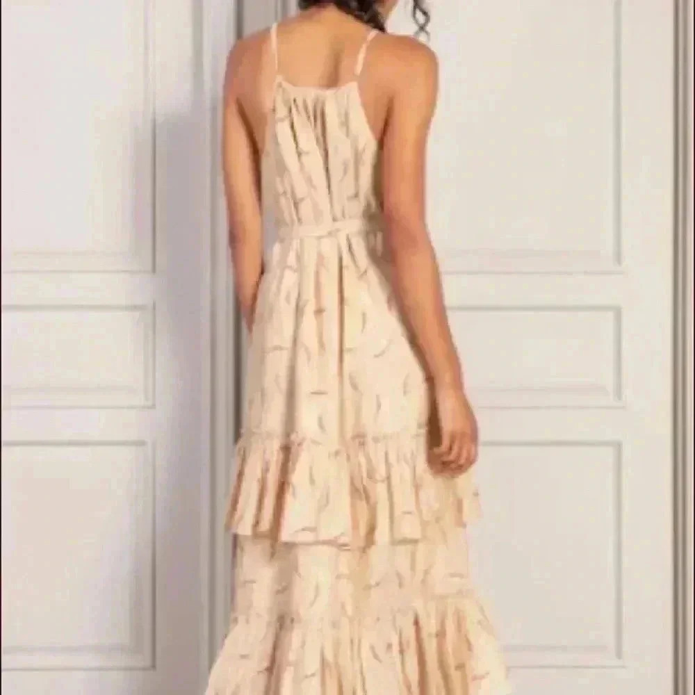 🆕Senlis Red & Gold Leaf Stephanie Tiered Ruffle Tie-Waist Sleeveless Dress S🆕 - Picture 4 of 11